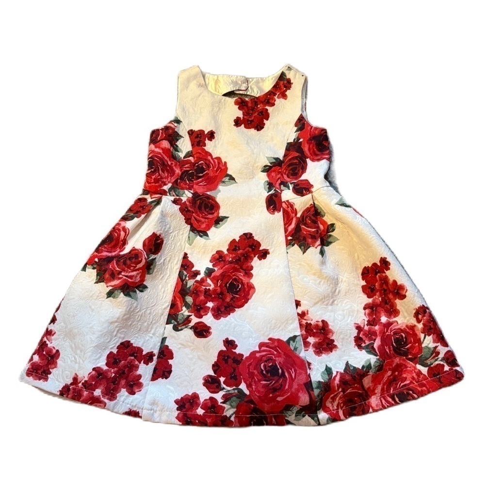 Childrenās Place Floral A-line Pleated Dress Sz 6 Rose Swing Textured Red White